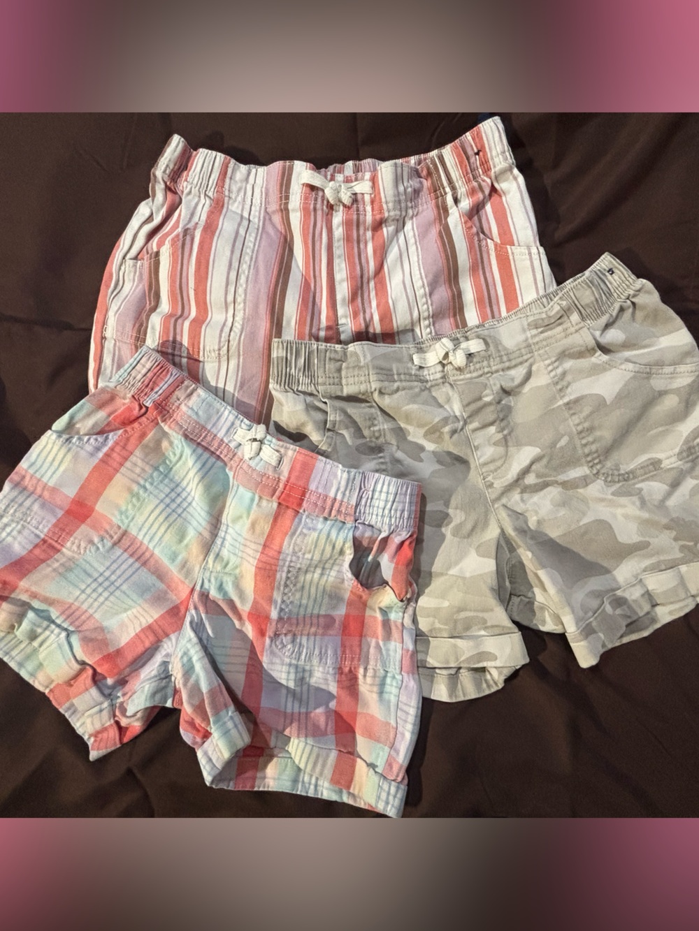wonder nation Pastel Plaid, Striped & Gray Camo Pull-On Shorts Set